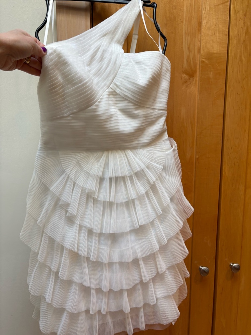 BCBG “Ella” Elegant White Ruffle Tiered Cocktail Dress- color gardenia